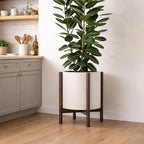 D'vine Dev Planter Pot with Stand - 14 Inch Plastic Cylinder Flower Pot with Wood Planter Holder for Indoor, Oatmeal Pot + Walnut Color Stand, 55-C-R-3