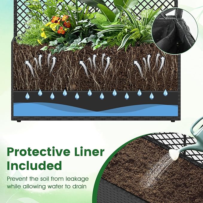 Happygrill Raised Garden Bed with Trellis, 58" Wicker Planter Box with Privacy Screen, Liner, Drainage for Patio Balcony, Outdoor PE Rattan Elevated Garden Bed for Climbing Plant Vine Flower (Black,1)