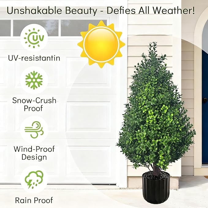 Set of 2 Artificial Potted Plants Boxwood Trees Outdoor Indoor Artificial Topiary Tree with Planter,2.3FT Potted Faux Bushes Evergreen Fake Trees Outside Realistic for Porch Offices Balcony Garden
