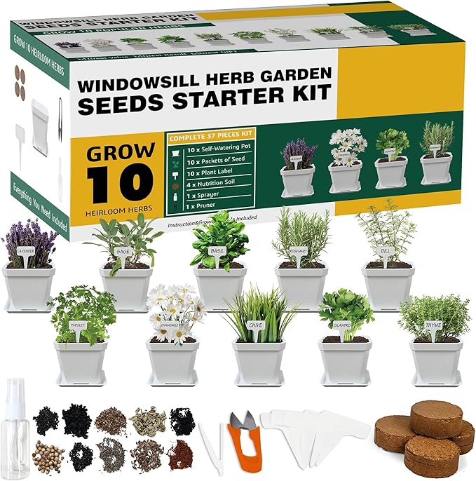 Meekear 10 Herb Seeds Garden Starter Grow Kit with White Pots, Markers, Nutritional Soil, Watering, Herb Clipper, Complete Indoor Potted Plant Growing Set for Kitchen DIY