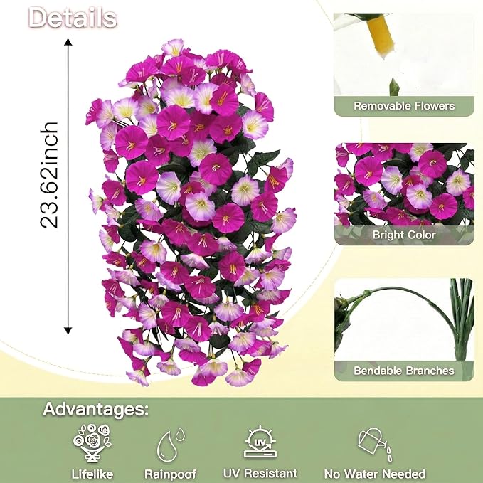 Artificial Flowers for Outdoors Fake Fuchsia Pink Morning Glory Hanging Flower Decoration, 2Pcs Realistic Faux Plants Petunias Long Trailing Vines,Spring Decor for Porch Patio Balcony Planter Yard