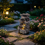 Solarbloom 18.9" H Water Fountain Outdoor/Indoor, 4-Tier Spiral Cascading Stacked Garden Fountain with LED Lights, Resin Waterfall Feature for Patio, Garden, Backyard, Deck, Home Decor