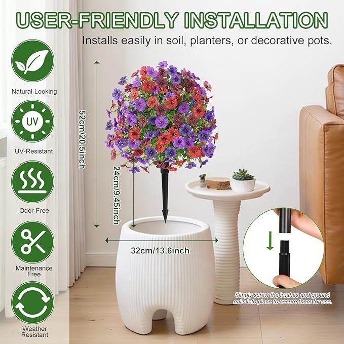 Alupssuc 2Pcs 20" Artificial Topiary Ball Flowers, Spring Outdoor Decoration with Spike, UV Resistant Faux Summer Plants, Faux Bushes Plants, Red Brown Purple Deep Purple for Garden, Porch Decor