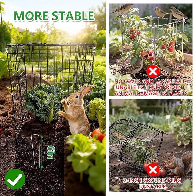 Garden Wire Cloches For Plants Extra Large 13.2" X13.2" X16.7" Rustproof Plant Cages For Outdoor Plants Protectors From Animals With Openable Top Cover & Stakes Plant Cages To Keep Animals Out (2 PCS)