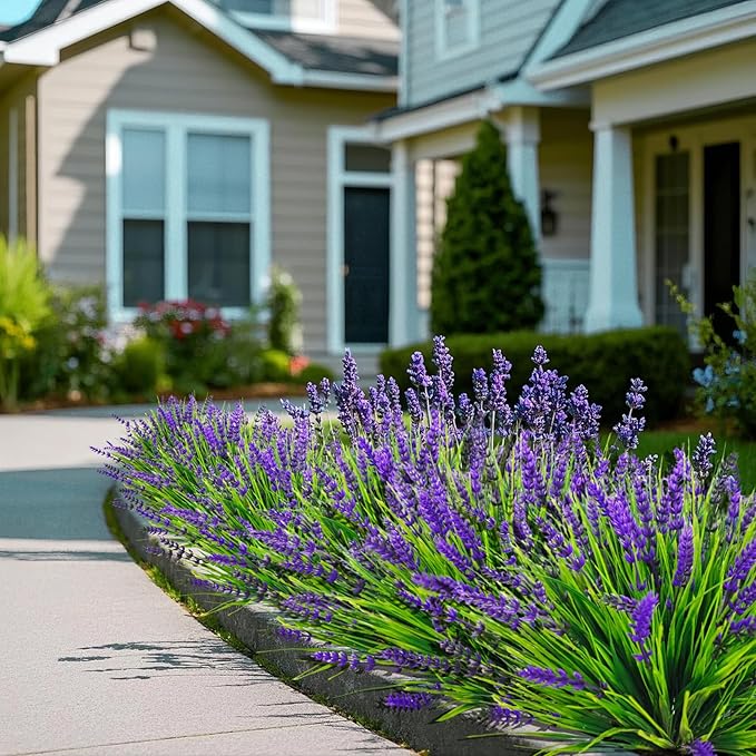 Bassion Artificial Flowers for Outdoors, 12 Bundles Fake Lavender Flowers UV Resistant Plastic Plants Faux Purple Monkey Grass for Home Porch Garden Window Box Indoor Outdoor Decorations