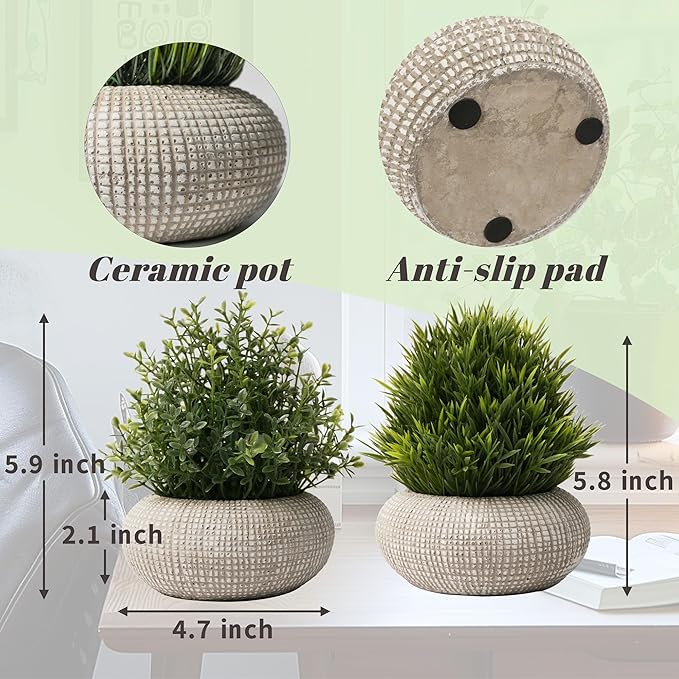 2 Pack Small Fake Plants in Cement Planter for Bathroom Decor, 6.1/5.7 Inch Artificial Plants Indoor, Small Faux Plants Indoor for Home Room Bedroom Farmhouse Kitchen Office Decor - Boxwood