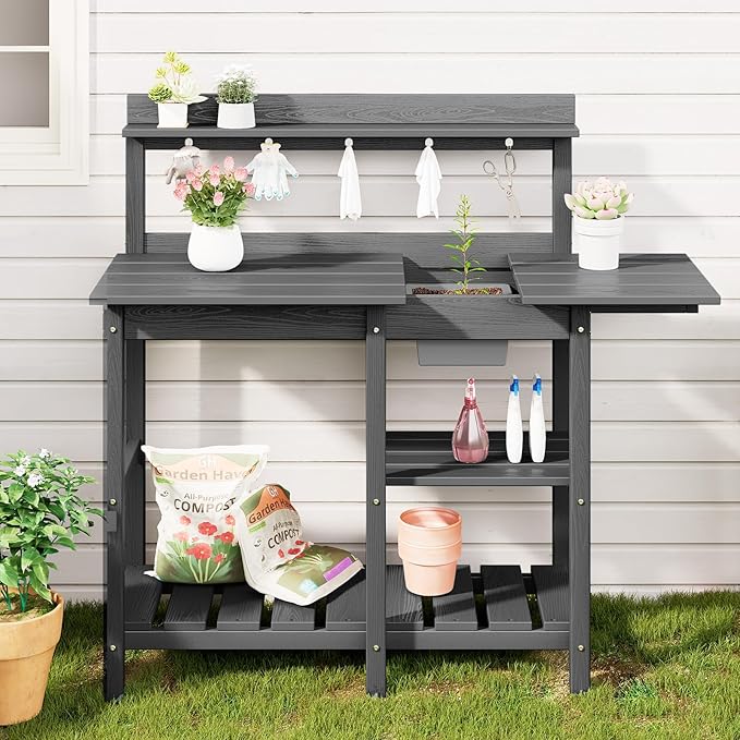 SERWALL Outdoor Potting Bench 2-Piece Set, Rot-Resistant HDPE Potting Table with Removable Sink for Outside Gardening, All-Weather Use - Gray