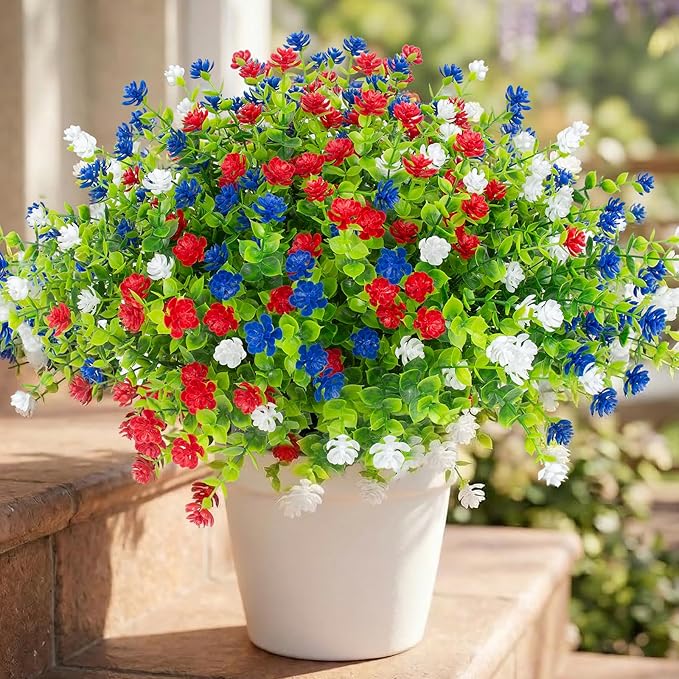 Hananona 12 Pcs Artificial Flowers Outdoor, Faux Artificial Plants UV Resistant Plastic PatrioticFlower for Hanging Planter Porch Window 4th of July Decor (12, Red, White, Blue)