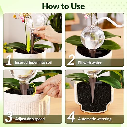 NiHome Plant Self-Watering Globes for Busy Individuals & Travelers, Long-Lasting Moisture Consistent Dripper Spike for Indoor & Outdoor Plants, Adjustable Flow Valve Easy to Refill & Maintain (4-Pack)