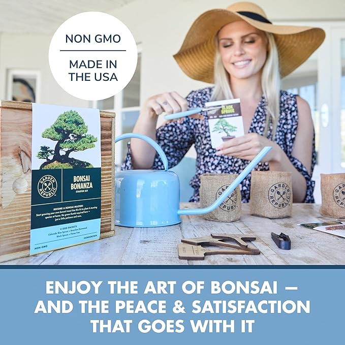 Garden Republic Bonsai Tree Kit - Mini Bonsai Seeds, 4 Types - Seed Starter Plant Growing Kit - Potting Soil Jute Bags Pruning Shears Tool and Plant Markers