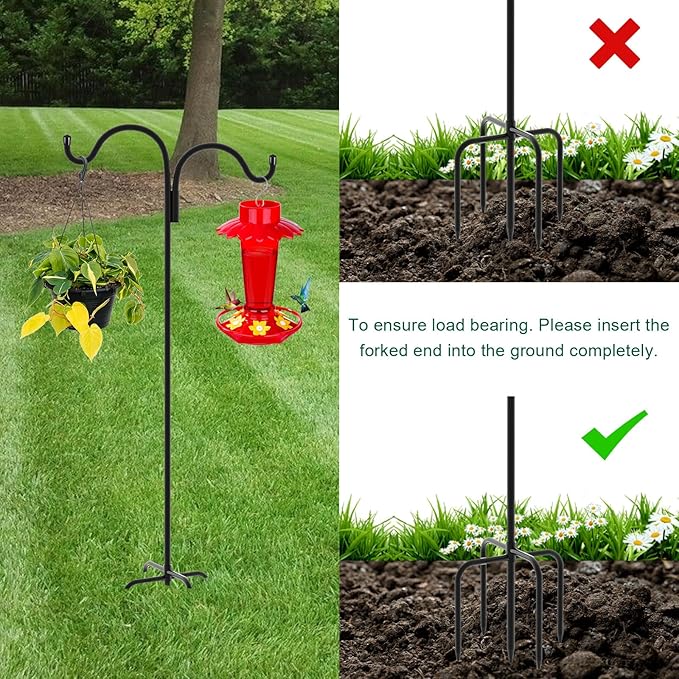 Gtongoko Double Shepherds Hook for Outdoor, 108 Inch Bird Feeder Pole with 5 Prongs Base, 5/8 Inch Thick Heavy Duty Adjustable Garden Hook for Hanging Plant, Lantern, Hummingbird Feeder, 1 Pack