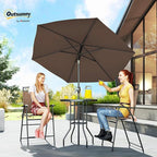 Outsunny 4 Piece Outdoor Bar Set with Umbrella, Patio Dining Set with 2 Folding Chairs, Wave Textured Tempered Glass Table for Backyard, Garden, Deck, Poolside, Brown