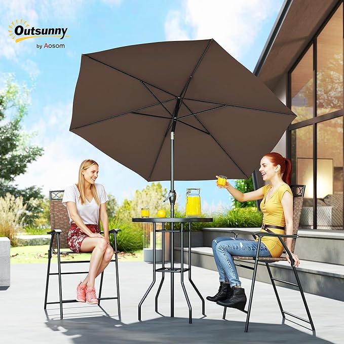 Outsunny 4 Piece Outdoor Bar Set with Umbrella, Patio Dining Set with 2 Folding Chairs, Wave Textured Tempered Glass Table for Backyard, Garden, Deck, Poolside, Brown