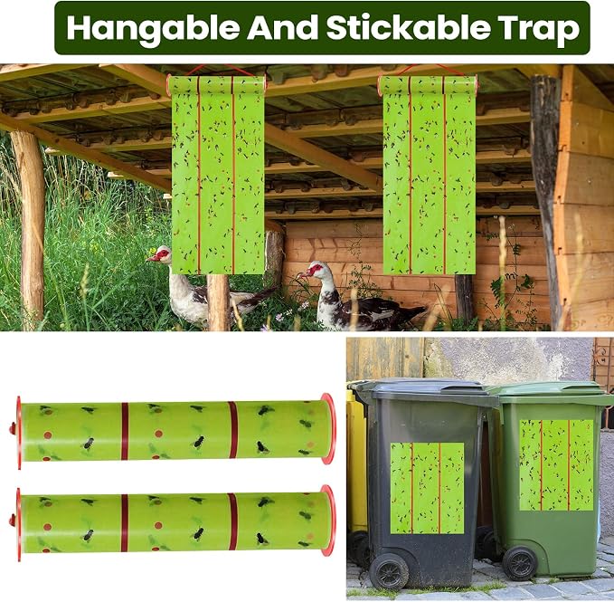 Qualirey Giant Sticky Fly Traps, Fly Strips for Indoor Outdoor Hanging Flying Tapes Non Toxic Ribbon Fruit Gnat Killer for Mosquito Plants House Horse Stable(59.06ft,Fluorescent Green,2 Pcs)