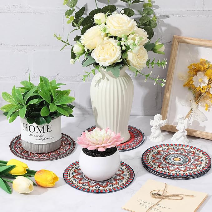 Nuanchu 6 Pcs Boho Plant Pot Mat Absorbent Non Slip Pot Plant Pad Round Plant Coaster Mat Gardening Indoor Outdoor Flower Plant Protect Mat for Table Desk Floor Plant, 5.9 Inches (Elegant Style)