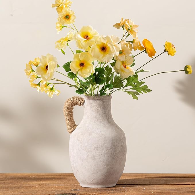 Ceramic Flower Vase Home Decor - 10 Inch Large White Rustic Table Flowers Vases Living Room Bedroom Plant Decorations Farmhouse Vintage for Kitchen Shelf Office Coffee Dining Desk House Women