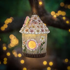 Hanging Bird House for Outdoor with Solar Light, Nesting Box Garden Resin Decor, Pet Cottage Birdhouse with Pole Decoration for Small Hummingbird Blue Bird Sparrow Chickadee