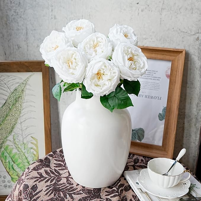 Jahe 6Pcs Fake Austin Flowers David Austin Roses, 17'' Faux Peonies for Flower Arrangements, Home Decor Peony Artificial Flowers, Living Room Decoration Vivid Roses Peonies, White
