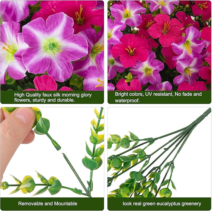Artificial Flowers for Outdoors Fake Plants Outside Decoration, 20 Bundles Silk Petunia with Eucalyptus UV Resistant Realistic Faux Flowers for Outdoor Planters Garden Balcony Yard Porch Patio, Mix