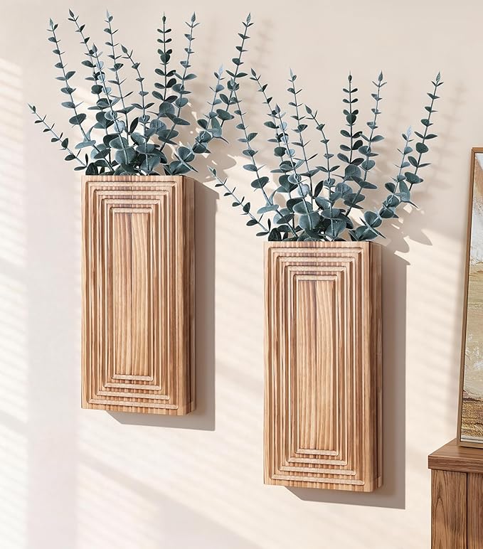Wooden Wall Planter Vase, 2 Pack Brown Wood Hanging Vases with Fake Eucalyptus for Indoor Modern Boho Farmhouse Wall Art Decor for Home Indoor Kitchen Modern Farmhouse Bathroom