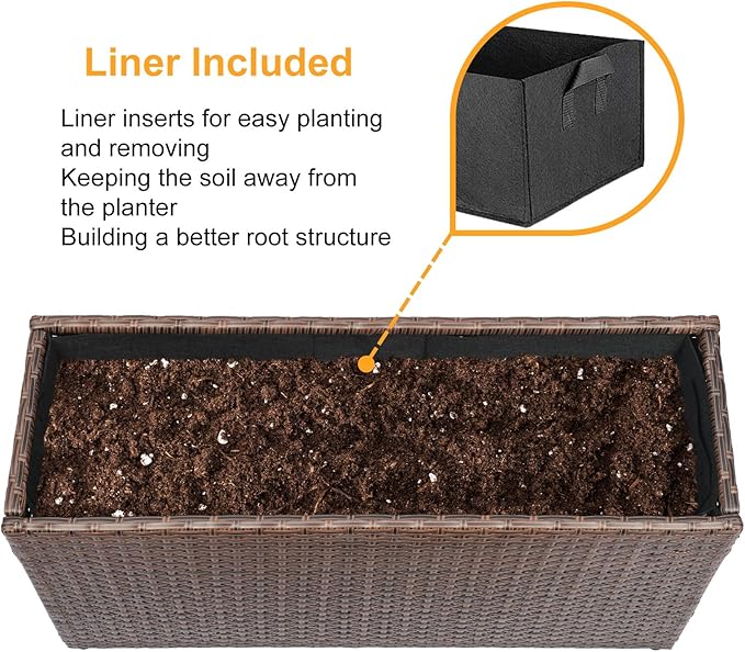 SUNNYPARK Brown Rectangular Planter Box All-Weather PE Rattan Large Modern Planters with Removable Liner Indoor Outdoor Decorative Flower Pot for Patio, Balcony, Garden