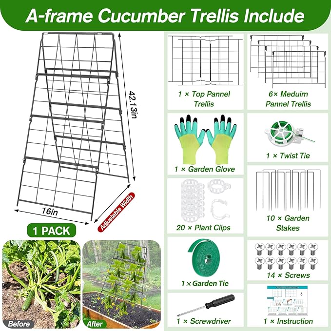 Cucumber Trellis for Raised Bed A Frame Metal Garden Trellis for Climbing Plants Outdoor, 42 x 16IN Foldable Coated Steel Cucumbers Trelli, Easy to Install Cucumber Trellis for Vegetable Fruit