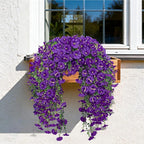 Artificial Hanging Flowers for Outdoors, 2 PCS 300 Blooms UV Resistant Morning Glory Faux Silk Vines, No-Odor Realistic Fake Plants for Garden Planter Porch Patio Decoration, Purple
