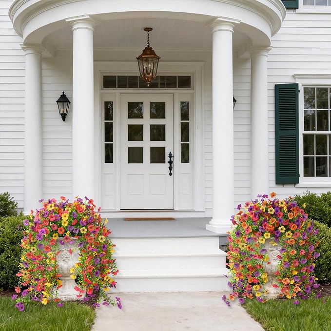 Artificial Hanging Flowers for Outdoors, 2 Pcs Fake Hanging Plants Spring Summer Decor, UV Resistant Faux Silk Daisy Flower for Front Door Porch Planter Patio Yard Garden(Purple Rose Red Yellow)