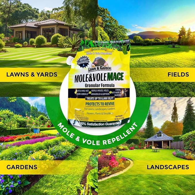 Nature's MACE Mole and Vole MACE, Mole Deterrent for Yard, Mole Repellent for Lawns, Keep Moles Out of Garden, Castor Oil Granules, Vole Repellent Outdoor, Plant & Pet Safe, 22 lb Bag, 17,600 Sq Ft