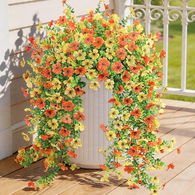 Fake Artificial Hanging Flowers for Outdoors, 2 Pcs Fake Hanging Plant Spring Summer Decor, UV Resistant No Fade Faux Silk Daisy Flower for Front Door Porch Planter Patio Yard Garden(Orange Yellow)