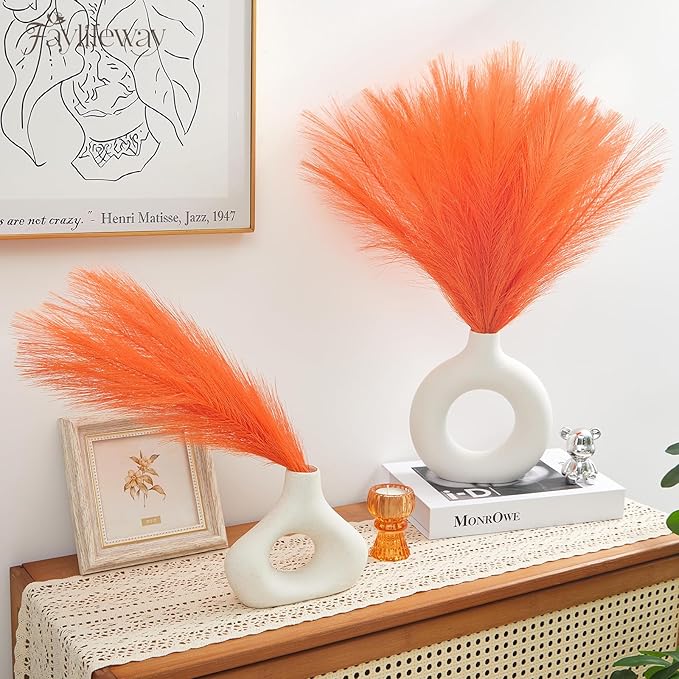 50PCS Light Orange Pampas Grass Decor, 17" Fluffy Small Pampas Grass for Vase Filler, Home Wedding Wall Table Party Decoration