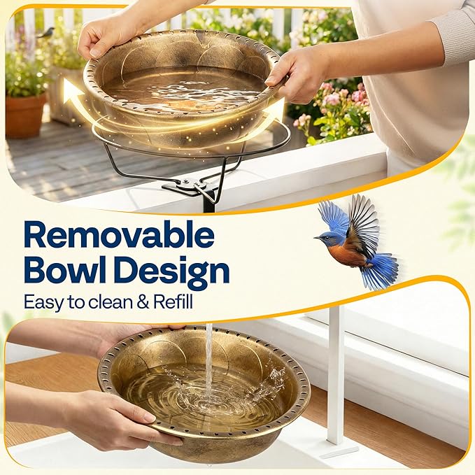 VIVOHOME Deck Mounted Bird Bath for Outside, Weather-Resistant ABS Bird Bath and Feeder with Adjustable Metal Clamp for Railing, Fence, Balcony, 1.45 Gallons, Copper