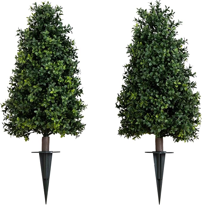 Nearly Natural 2.5 ft Artificial Boxwood Plants, Set of 2, UV Resistant with Integrated Ground Stakes for Indoor Outdoor Garden Decor