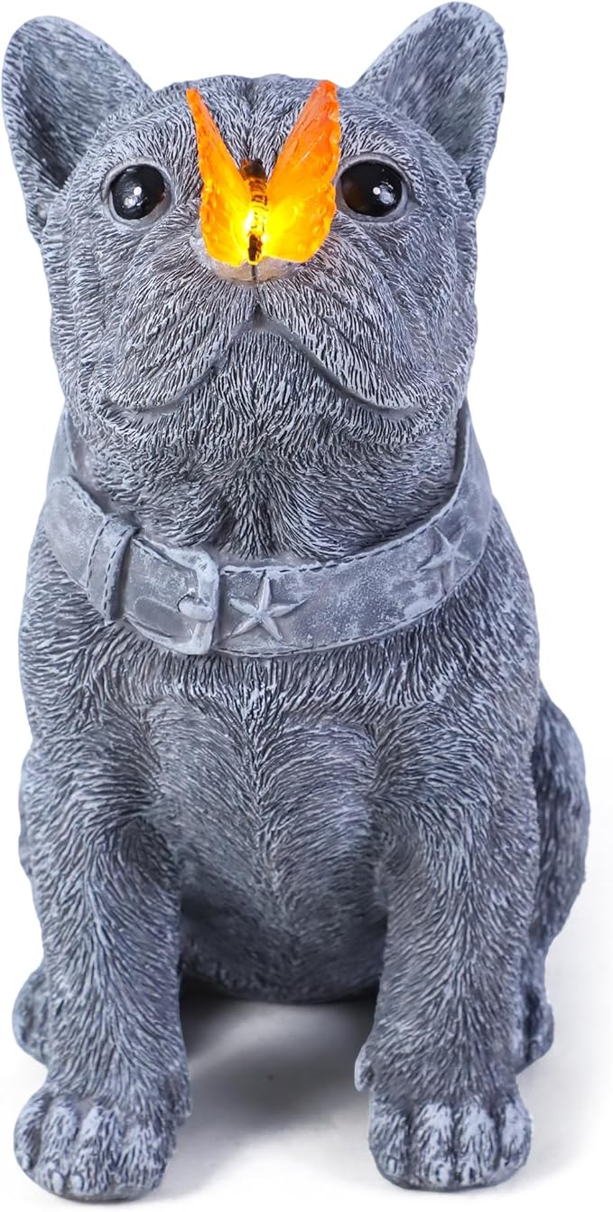 Solar French Bulldog Garden Statue with Butterfly, Outdoor Frenchie Sculpture Decor for Patio, Yard & Lawn, Unique French Bulldog Gifts & Dog Memorial Statue,10 Inch, Resin (Grey Stone)