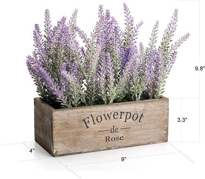 Velener Purple Artificial Lavender Flowers with Decorative Tray Wooden Box 9 Inches - Lifelike Faux Lavender Plants for Home and Office Decor, Fake Lavender Rustic Farmhouse Style