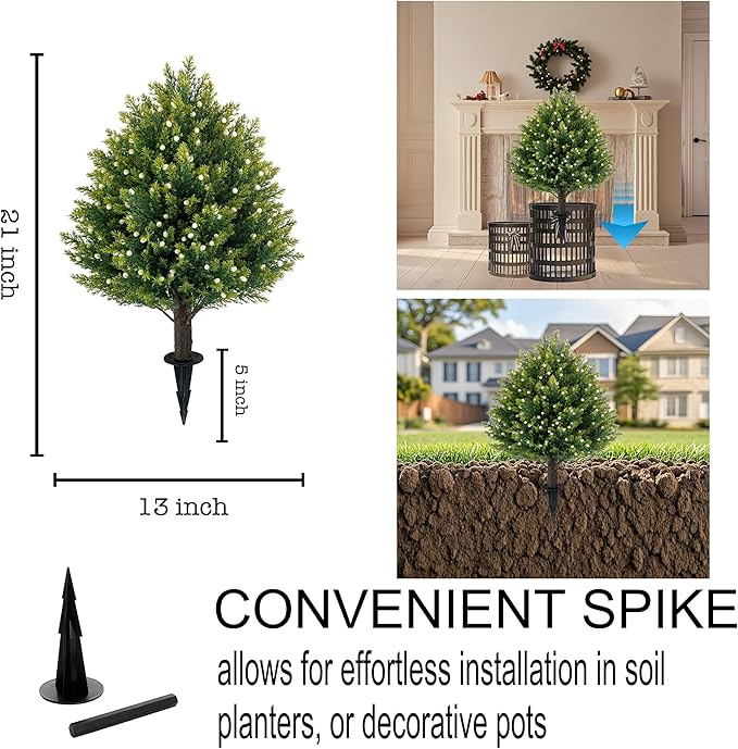 21'' Artificial White Berries Topiary Ball Trees with Ground Spike, UV Resistant Fake Plant Brush, 2 Pack Artificial Cedar Shrubs for Outdoor Indoor Front Porch Garden