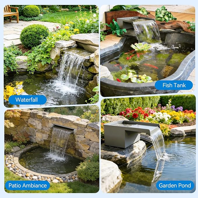 POPOSOAP 12INCH Stainless Steel Pond Waterfall Spillway with Multi-Stage Filter, 40W 660GPH Submersible Pump Kit with 9.8FT Tubing for Garden Ponds, Koi Ponds, Aquariums,Outdoor Landscapes-P7331