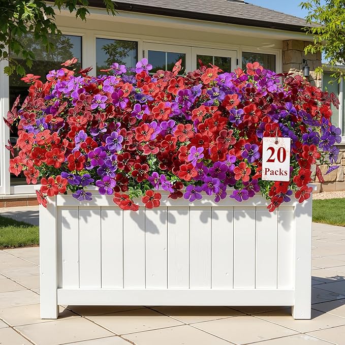 Alupssuc 20 Bundles Artificial Flowers for Outdoor Indoor Decoration, UV Resistant No Fade Fake Plants Eucalyptus, Colorful Faux Spring Flowers for Outside Yard Porch Patio Garden Home Window Box
