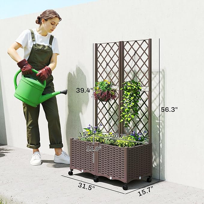 Outsunny Planter Box with Trellis, Self Watering Raised Garden Bed with Lockable Wheels, Privacy Trellis Planter with Drainage Holes for Climbing Plants, Vegetables, Flowers, 56.3", Brown