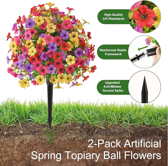 Alupssuc 4Pcs 20" Artificial Topiary Ball Flowers, Spring Outdoor Decoration with Spike, UV Resistant Faux Summer Plants, Fake Bushes Plants, Red Rose, Purple & Yellow for Garden, Porch & Patio Decor