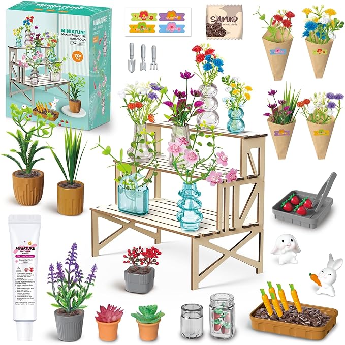 Make It Miniature Botanicals Kit - Mini Plants Collectibles with Flowers, Bouquets, Bonsai, Succulent, Garden, Wooden Display Stand - DIY Crafts Toy Gifts for Kids 6+, Collectors, Decoration