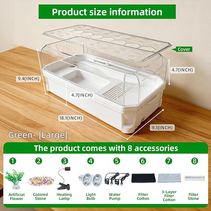 Turtle Tank Kit with 3-Stage Filter, Basking Platform & Heat Lamp - Complete Turtle Aquarium Habitat for Water Turtles, Enclosure or Hermit Crab Tank, Easy Drain Starter Kit White, 18.1 Inch