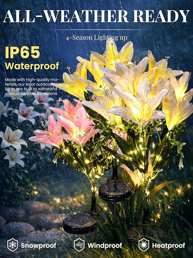 GIGALUMI Solar Garden Lights, 4Pack LED Lily Garden Decor Carefree Solar Flowers Outdoor Waterproof, Yard Decorations Outdoor, Allergy-Free Light up Flowers for Yard Patio (2Pink,1White,1Yellow)