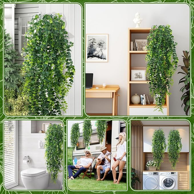 2-Pack Fake Hanging Plants, Faux Hanging Plant Artificial Greenery for Living Room Bedroom Boho Wall Shelf Indoor Outdoor Decor (Green Eucalyptus)