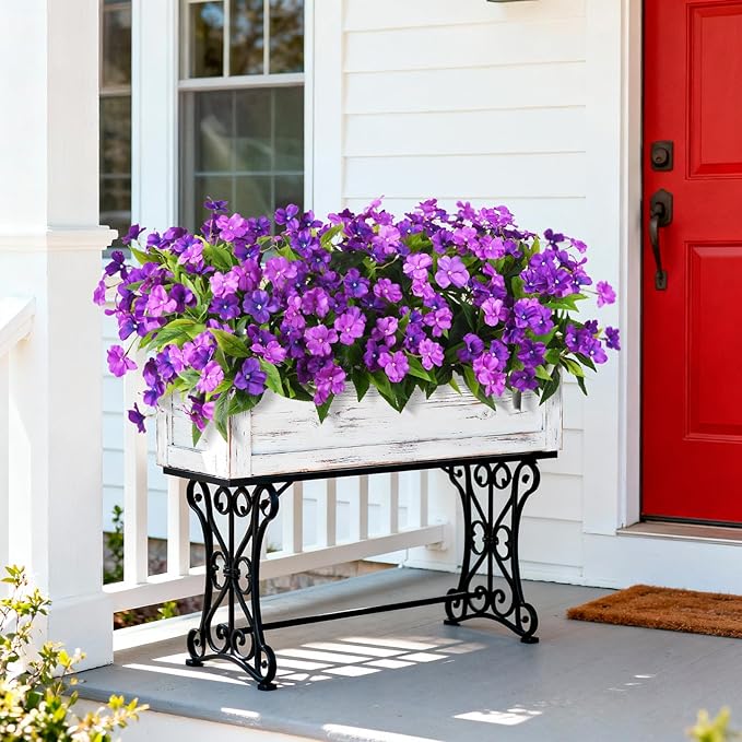 Artificial Impatiens Flowers for Outdoors, 6 Bundles Silk Fake Flowers for Spring Summer Decoration, UV Resistant Faux Plants Plastic Bouquet for Home Planter Porch Patio Yard Decor(Double Purple)