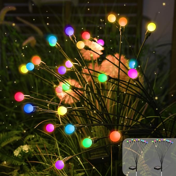 Solar Garden Lights Swaying, 20 LED Firefly Lights Outdoor Waterproof, Garden Decor Solar Lights Outdoor for Yard Porch Patio (2 Pack Multi-Colored)