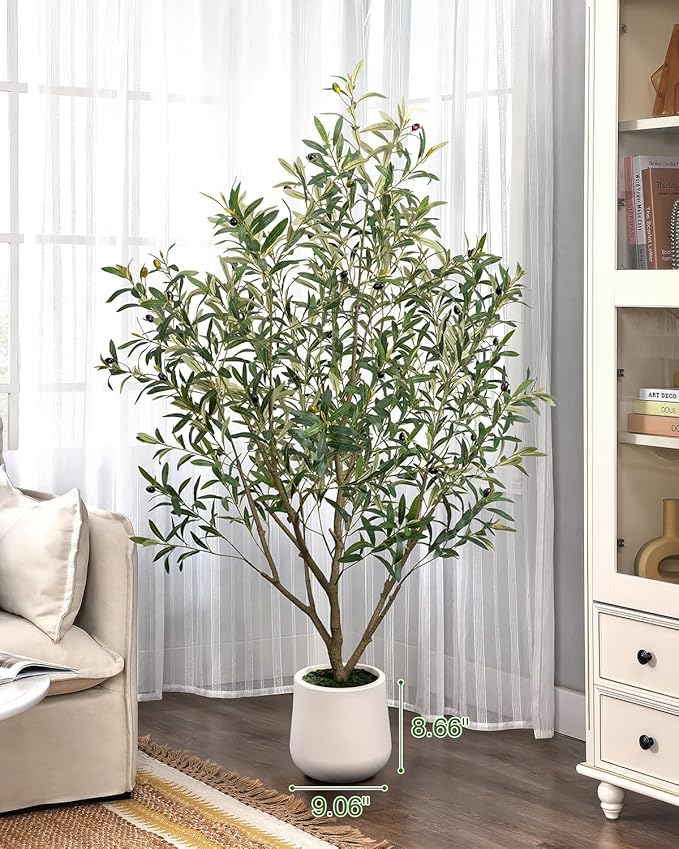 Artificial Olive Tree 5FT - Tall Faux Olive Trees Indoor with White Planter, Large Fake Olive Plants Realistic Branches Natural Thick Trunk and Fruits for Home House Office Decor