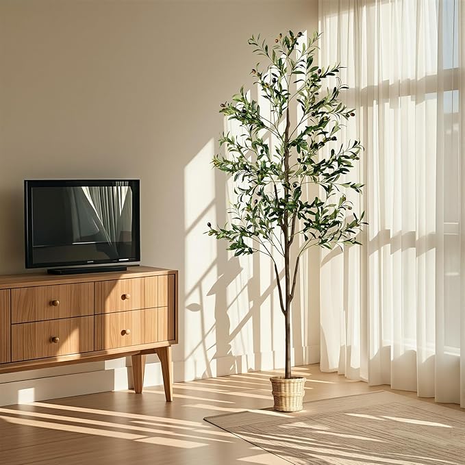 Olive Tree, 6FT Tall Faux Olive Tree with Moss and Planter, Olive Trees Artificial Indoor with Realistic Wood Trunk and Lifelike Fruits, Fake Olive Tree for Home Office Living Room Decor