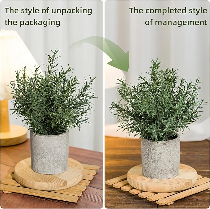 Coferset 2 Pack Small Fake Plants Rosemary Potted Artificial Plants for Shelf Desk Home Bathroom Farmhouse Room Coffee Table Decor (Green)