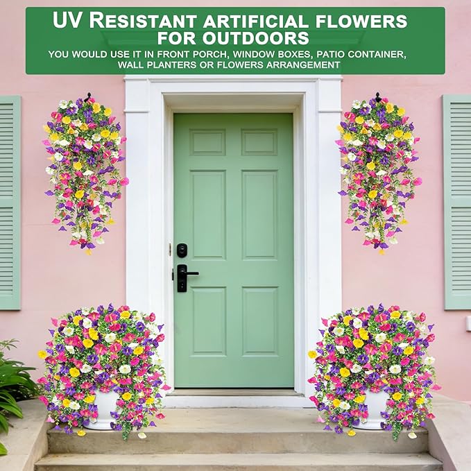 4PCS Artificial Hanging Flowers for Outdoors Summer Decoration, Fake Hanging Plants Faux Petunias with Eucalyptus, UV Resistant No Fade Plastic Realistic Silk Flowers for Porch Patio Balcony Indoor
